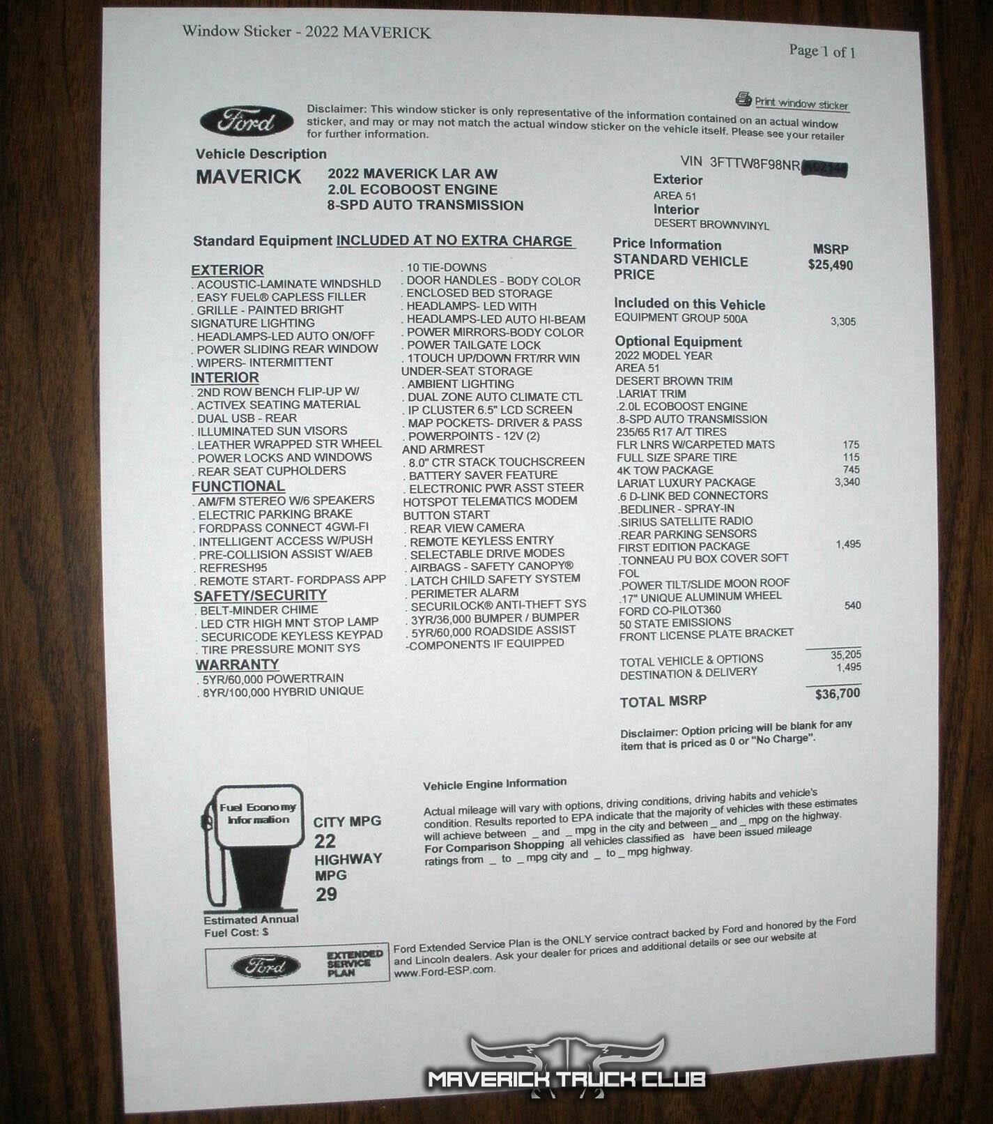 Ford Maverick Window Stickers show 22/29 MPG for Maverick 2.0L EcoBoost AWD 4K Tow 2022 maverick 2.0L lariat window sticker 1