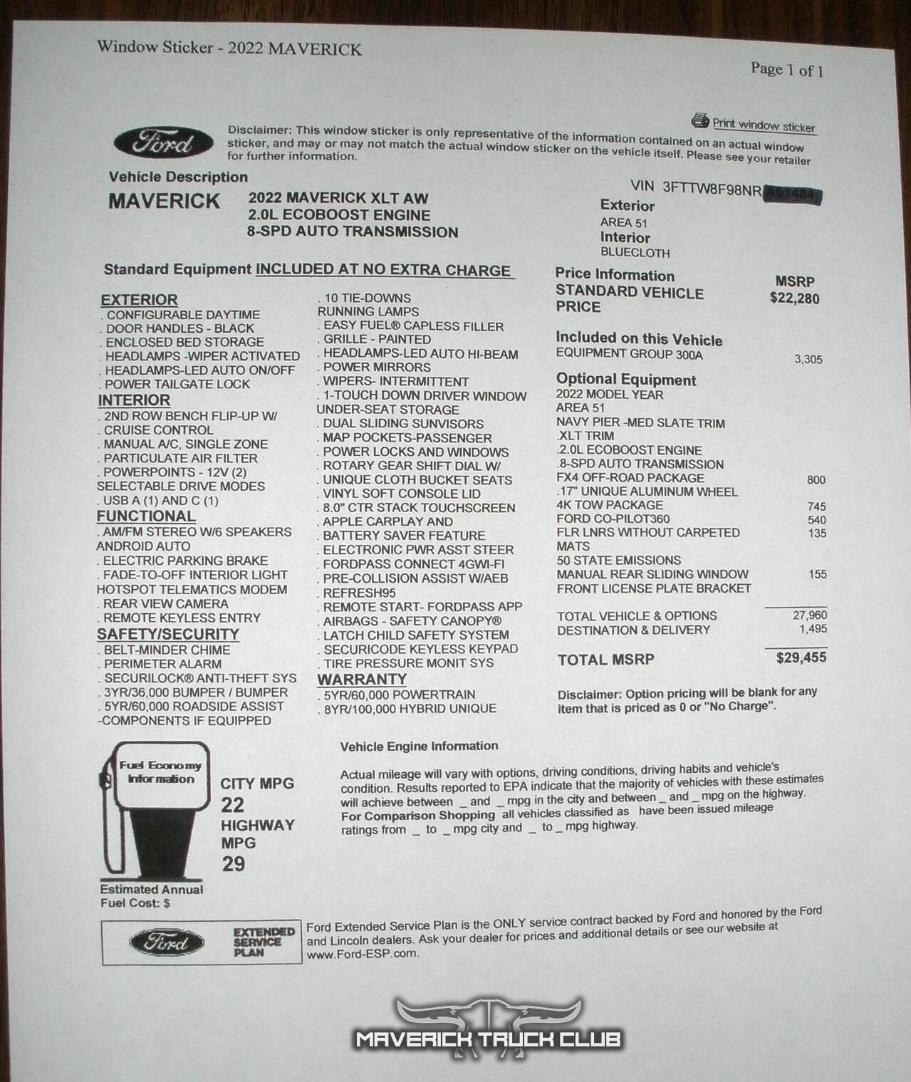 Ford Maverick Window Stickers show 22/29 MPG for Maverick 2.0L EcoBoost AWD 4K Tow 2022 maverick 2.0L XLT window sticker 1