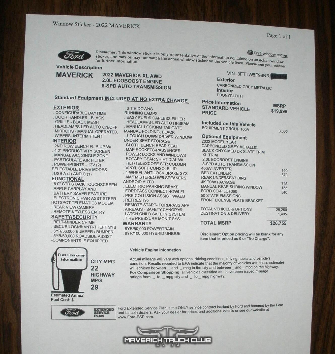 Ford Maverick Window Stickers show 22/29 MPG for Maverick 2.0L EcoBoost AWD 4K Tow 2022 maverick 2.0L XL window sticker 1
