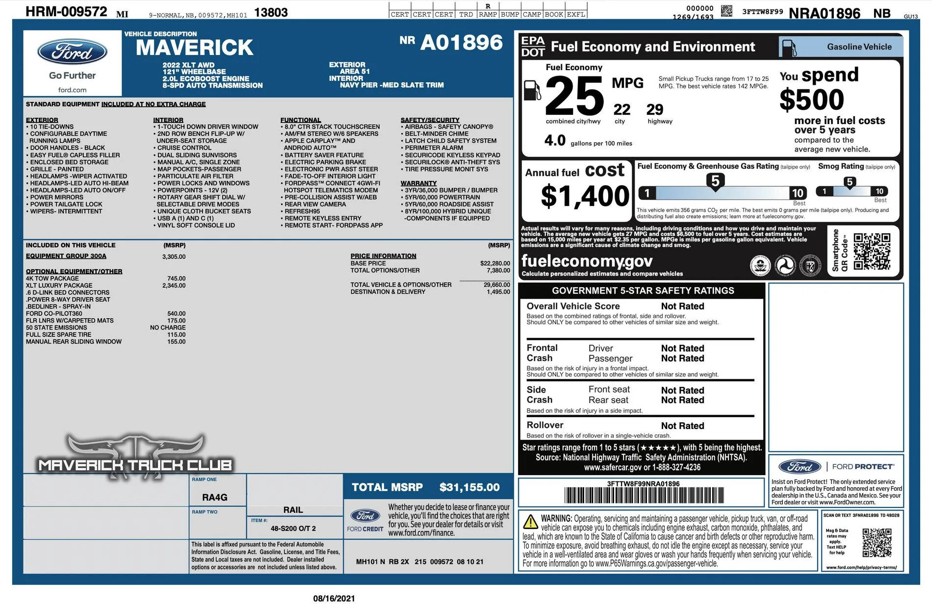 Ford Maverick Official 2022 Maverick Window Sticker for 2.0L AWD 4K Tow – 22 / 29 / 25 EPA MPG 2022 Ford Maverick window sticker monroney MPG