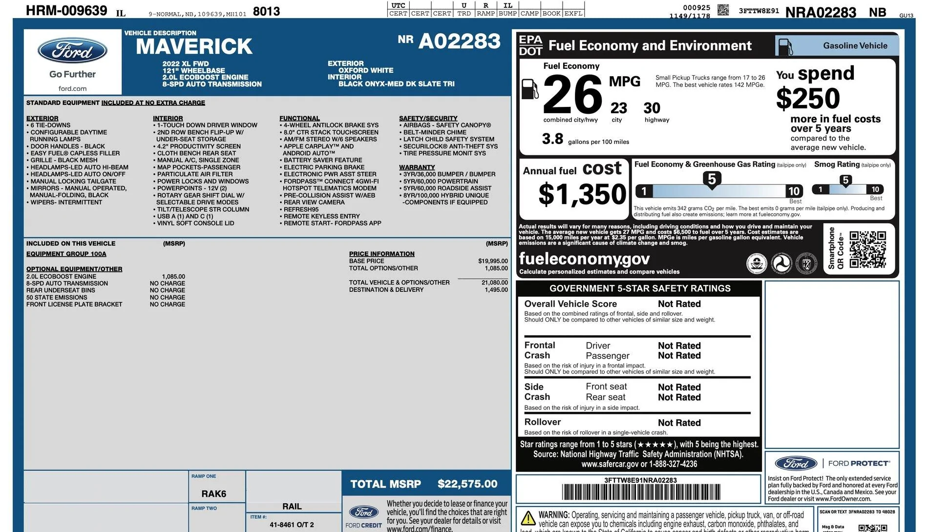 Ford Maverick Official 2022 Maverick Window Sticker for 2.0L FWD – 23 / 30 / 26 EPA MPG Official 2022 Maverick Window Sticker for 2.0L FWD EPA MPG