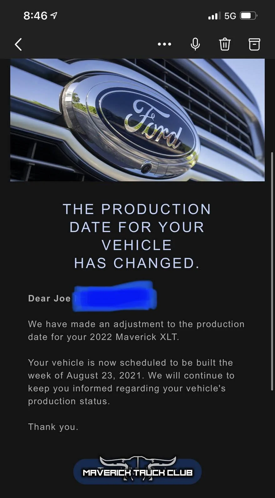 Ford Maverick 2022 Maverick Production Date Change Notice – to August 23 (Retail Unit) AC2F891C-B59B-4AD9-9E1B-110D9FA32C88