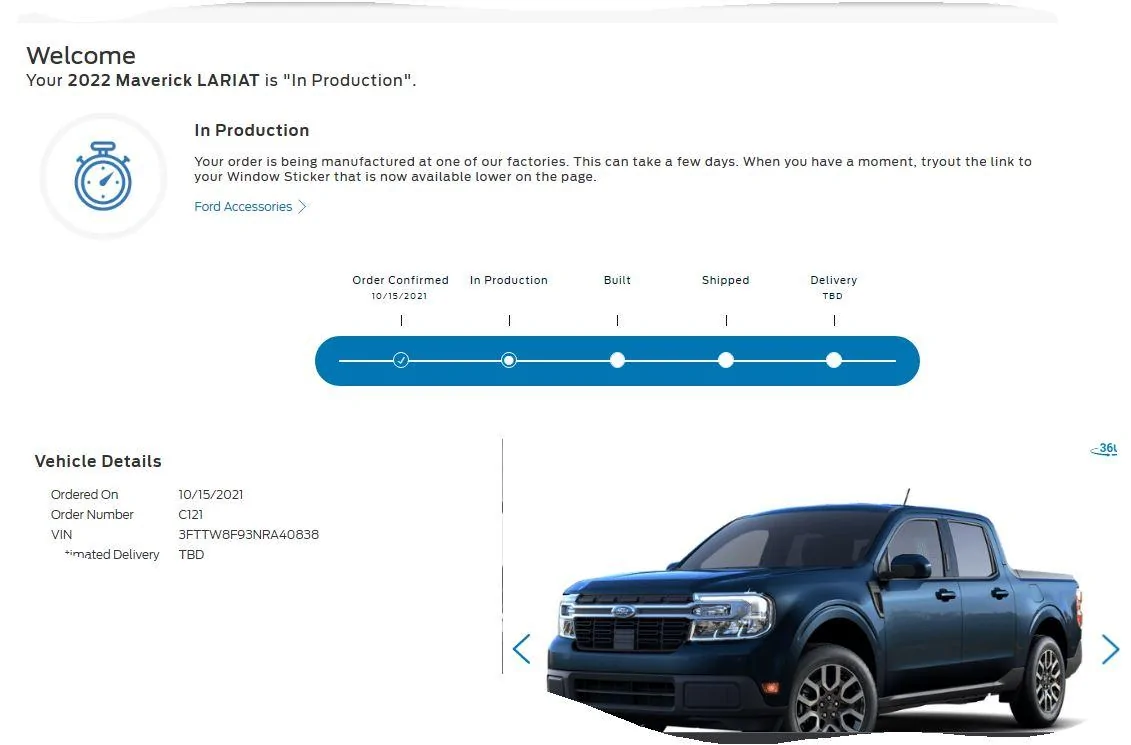 Ford Maverick Scheduled for week of 2/7 being built this week Captur