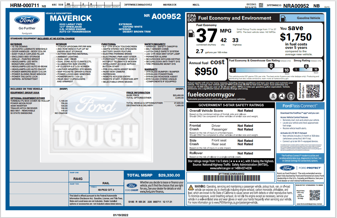 Ford Maverick "Not for Sale" Window Sticker 1642999554216