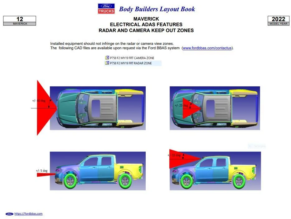 Ford Maverick 📒 Body Builders Layout Guide for 2022 Ford Maverick: Tech Specs, Weights, Dimensions, Measurements, Radar/Camera, Wheels/Tires Data BBG