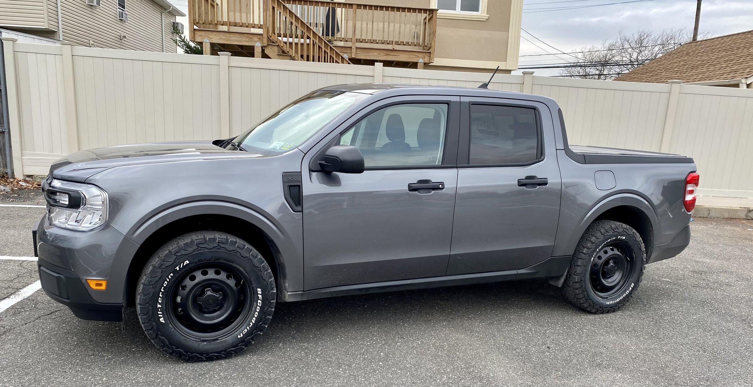 Ford Maverick Powder coated steelies with BF Goodrich 245's & tire white lettering MAVERICK SIDE