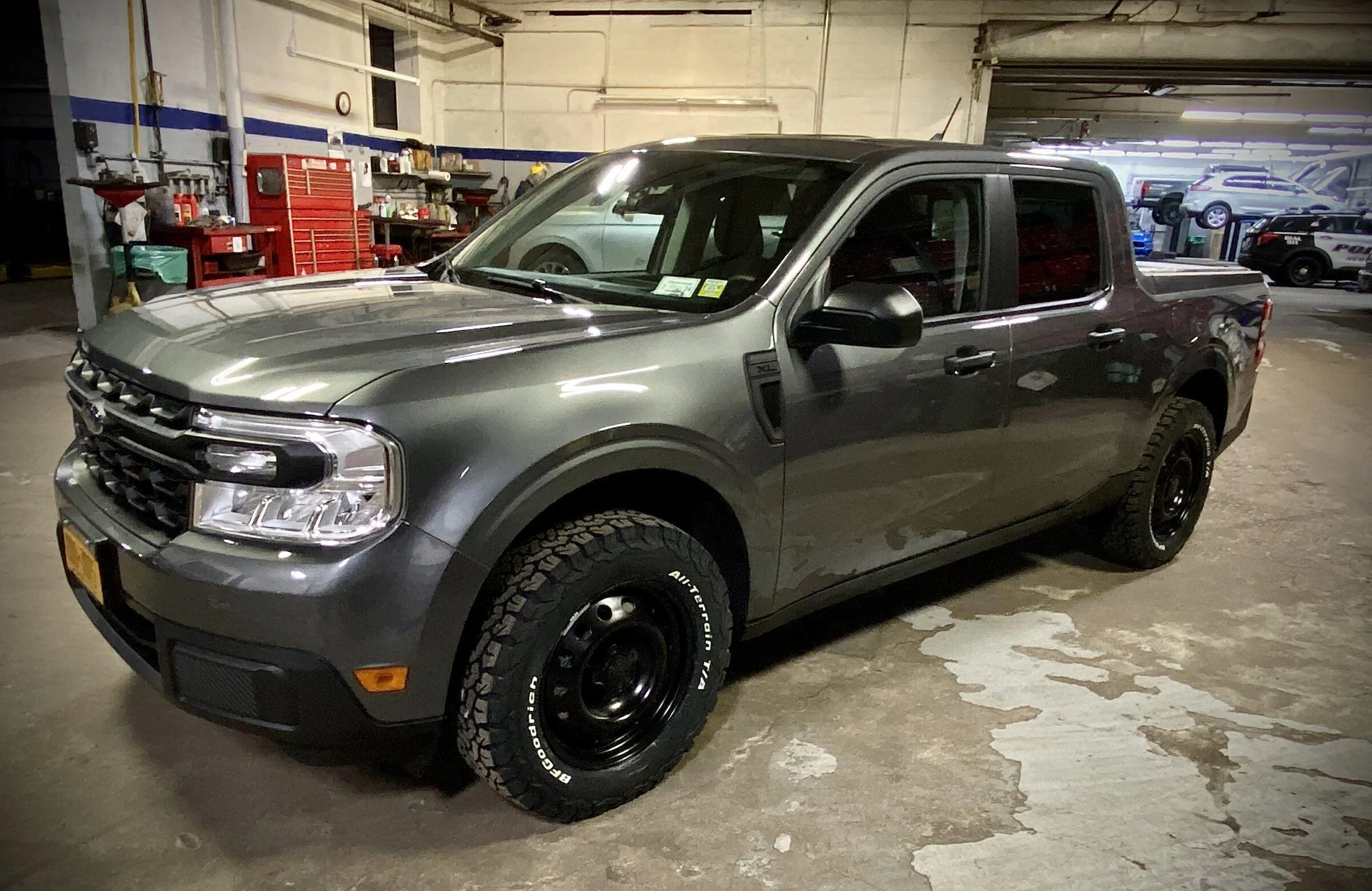 Ford Maverick Powder coated steelies with BF Goodrich 245's & tire white lettering maverick sho
