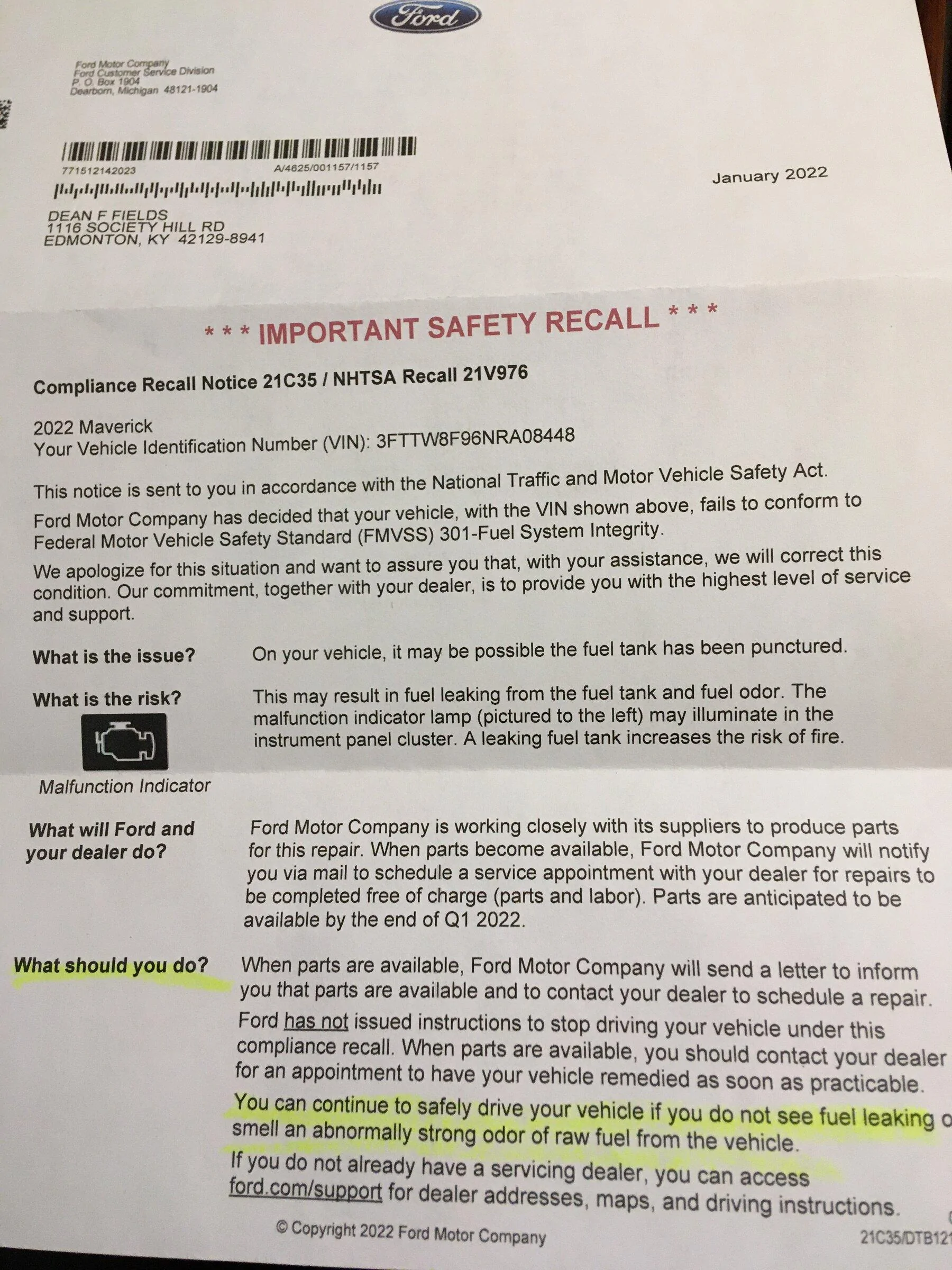 Ford Maverick Fuel Tank Recall imag