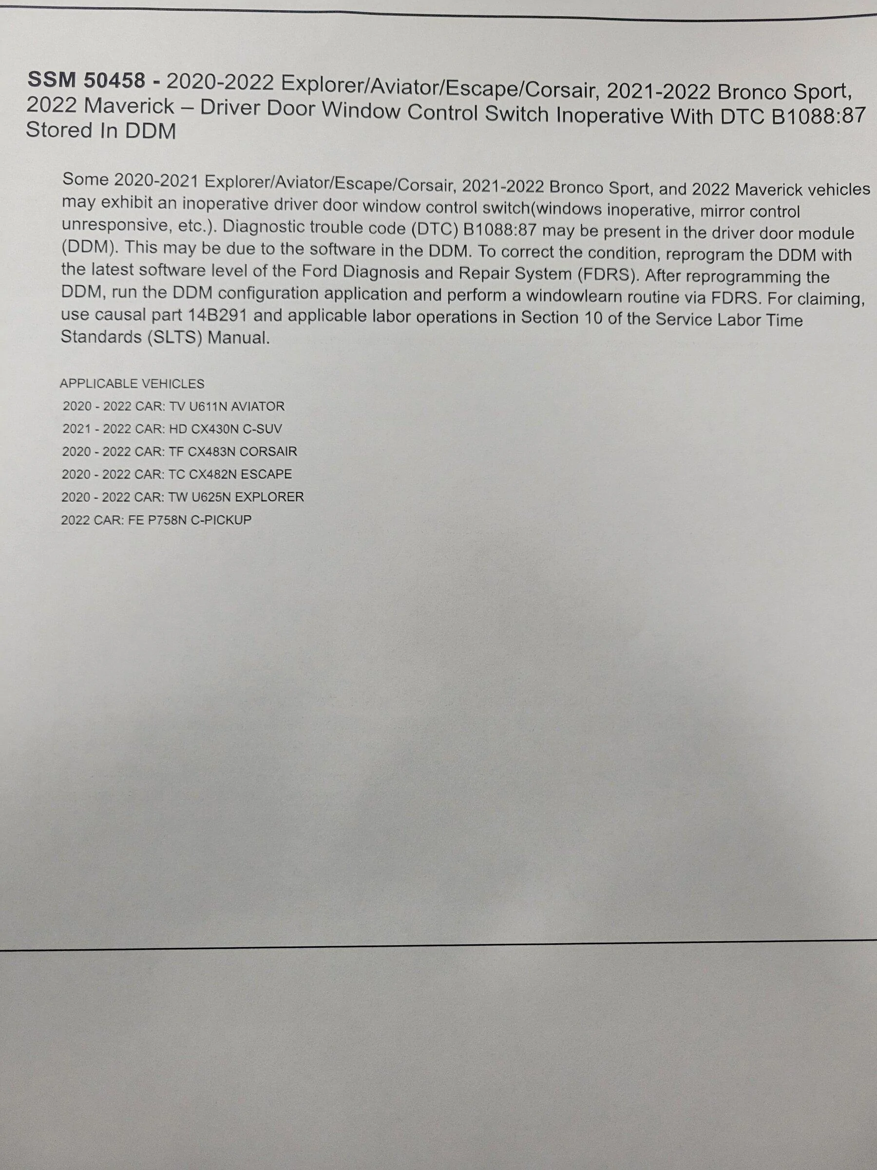 Ford Maverick FORD SSM 50458 Driver window control switch inoperative with DTC B1088:87 20220202_093627