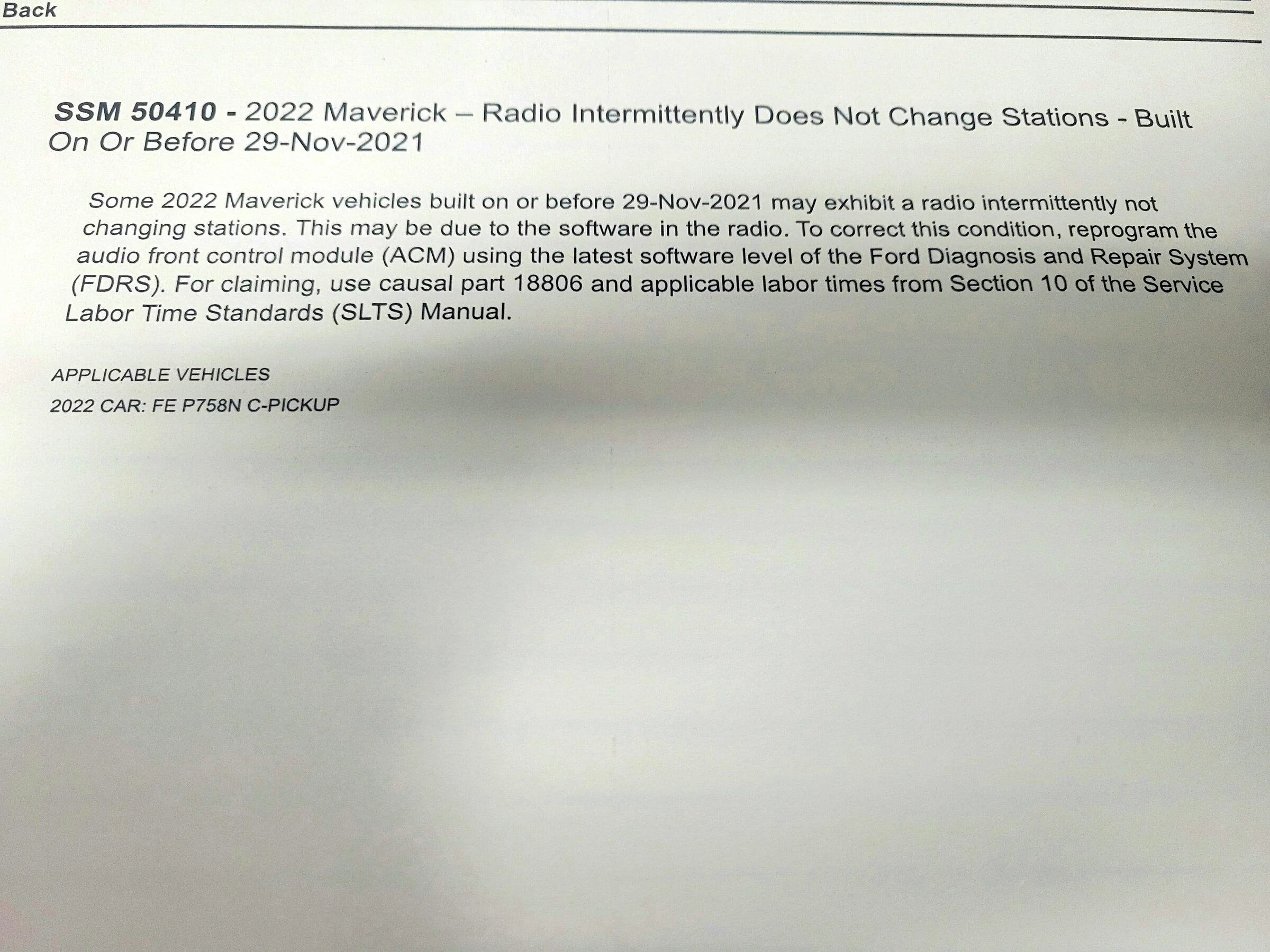 Ford Maverick Fix for radio glitches : SSM 50411 - updates ACM and radio firmware 20220119_081522
