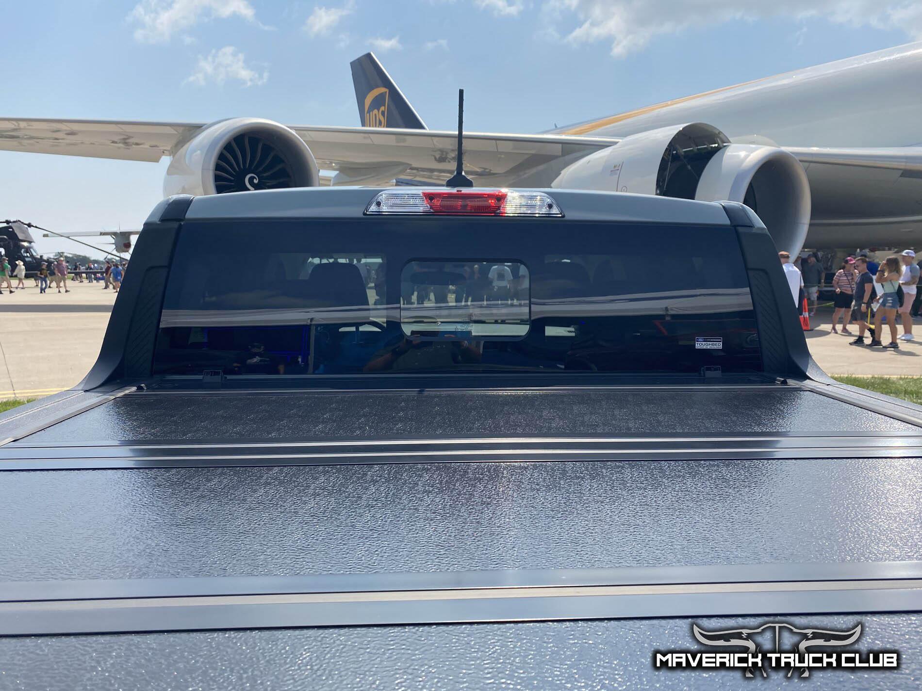 Ford Maverick Video & Pics: Cactus Gray Maverick Lariat FX4 w/ Protective Film, Black Wheels, Hard Tonneau [@ EAA Airventure] -rear-sliding-window-port-hard-tonneau-cover-1-