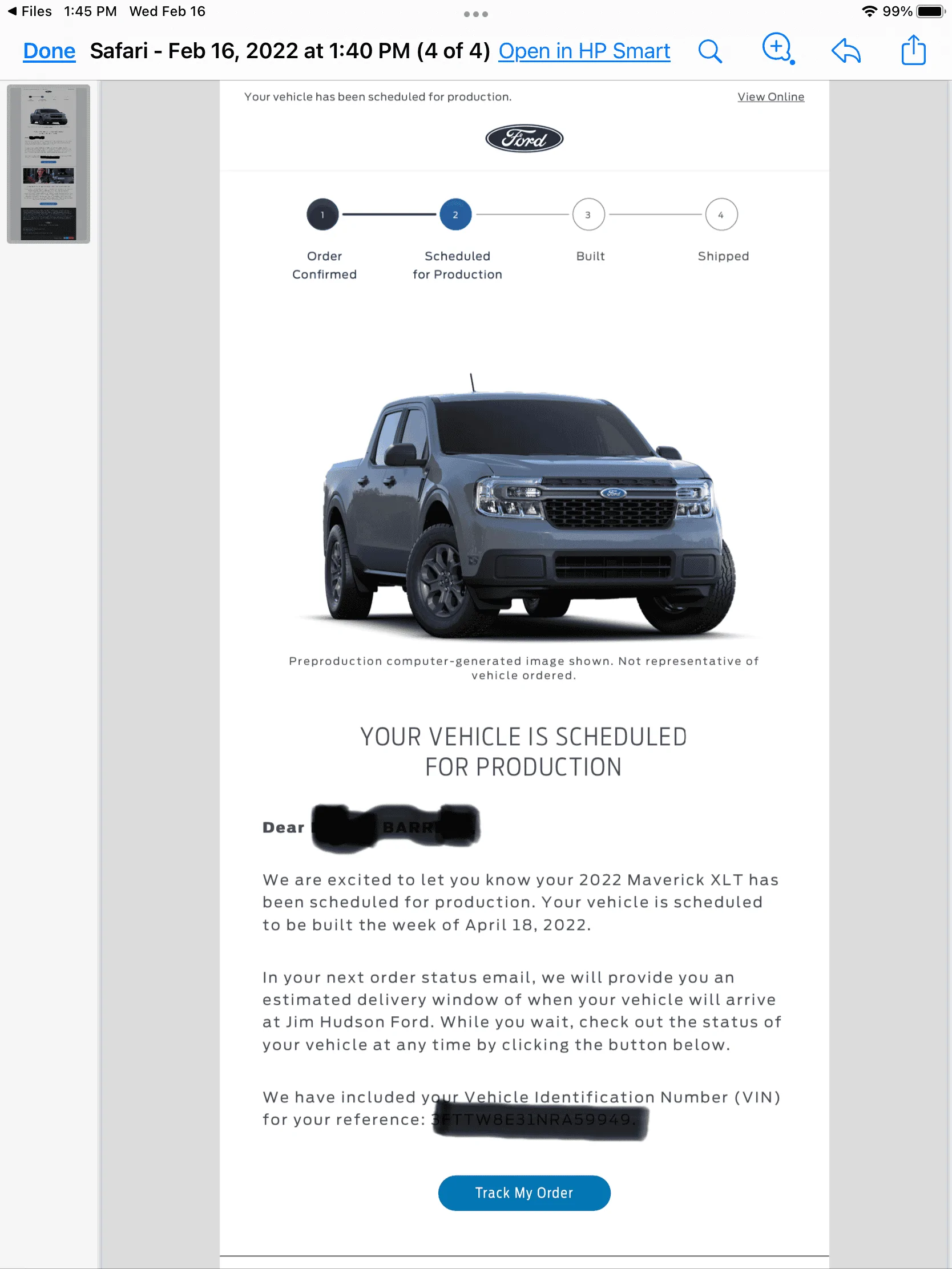 Ford Maverick April 18th build email received from dealer C5F39DFB-5717-4641-A5B1-241385F31992