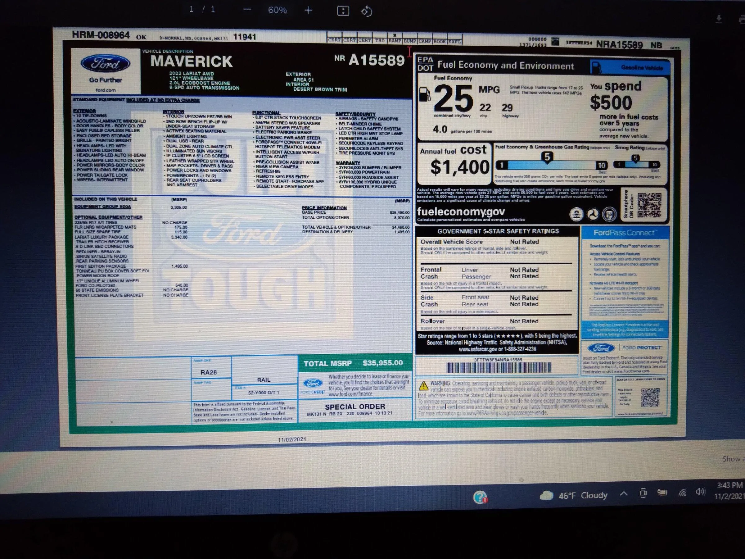 Ford Maverick $46k for a XLT Ecoboost Window Sticker