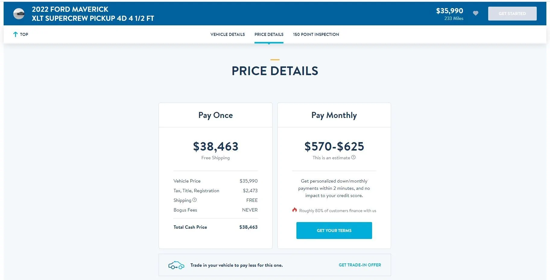 Ford Maverick My Carvana Maverick 2022 Maverick $35,990