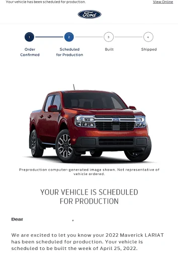 Ford Maverick 📬 3/3 Scheduling Email Received Group [EMAILS NOW ARRIVING!] screenshot cropped - Your 2022 Maverick LARIAT Order scheduling