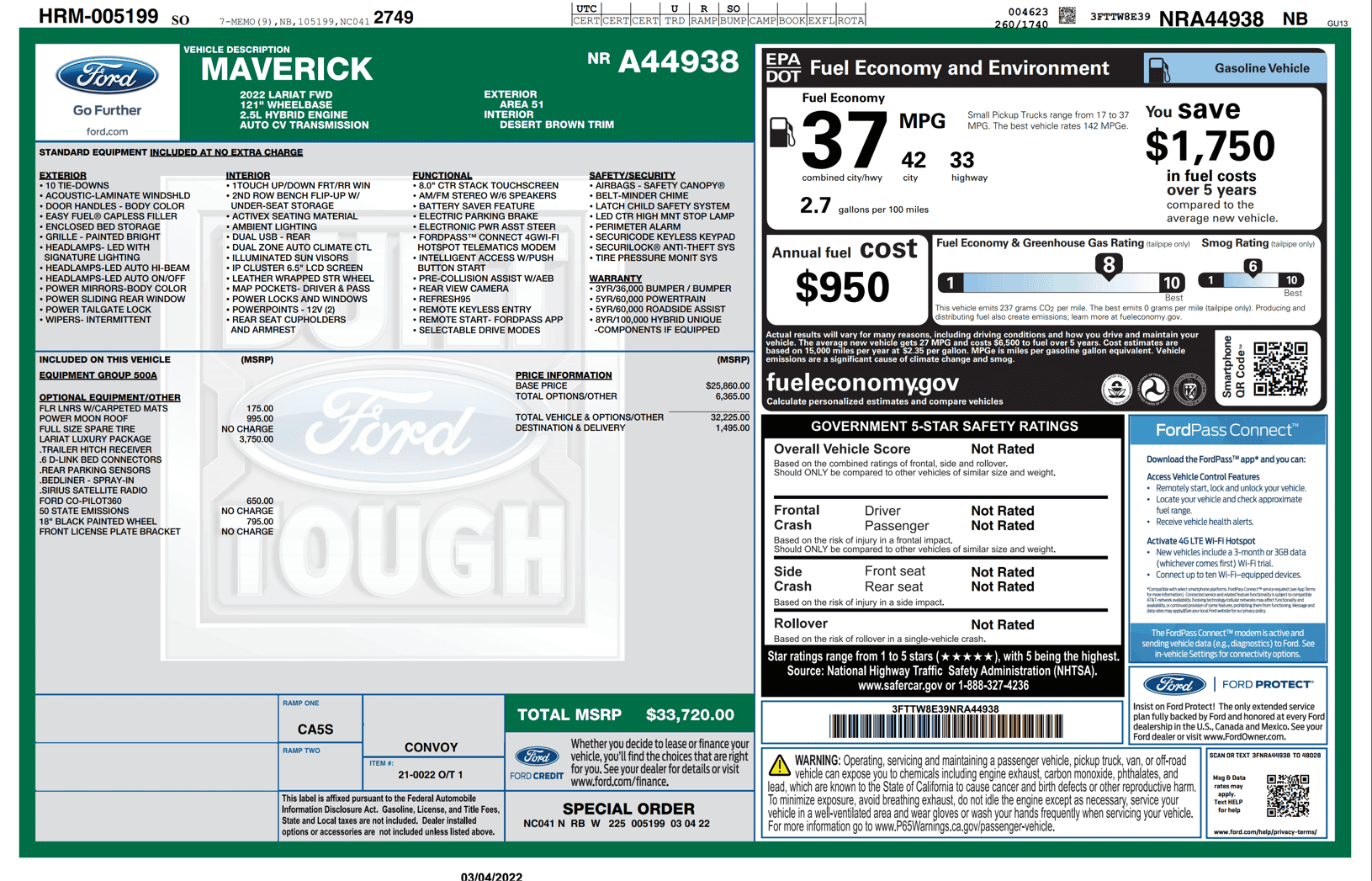 Ford Maverick Build Week 3/7 Questions window sticker 3-4-22