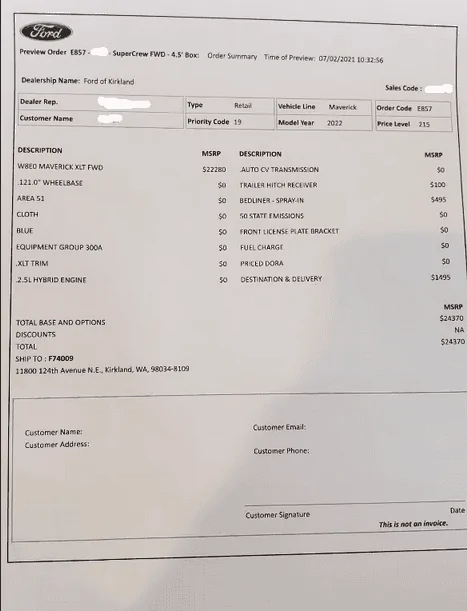 Ford Maverick VIN # Received - But Dealership Had No Idea OrderPreviewSampl
