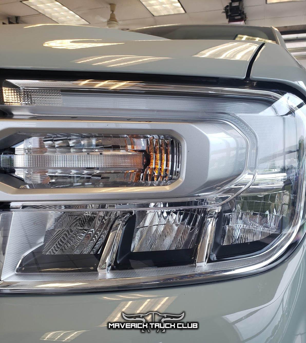 Ford Maverick TONS of Maverick Trainer Pics & Measurements! (Cactus Gray, 6'6" tall driver & passenger, legroom, car seat, no moonroof, undercarriage) 2022 Maverick Lariat headlights closeup up close 1