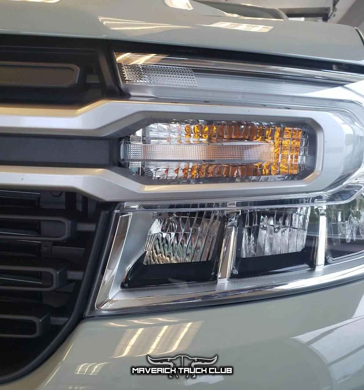 Ford Maverick TONS of Maverick Trainer Pics & Measurements! (Cactus Gray, 6'6" tall driver & passenger, legroom, car seat, no moonroof, undercarriage) 2022 Maverick Lariat headlights closeup up close 3