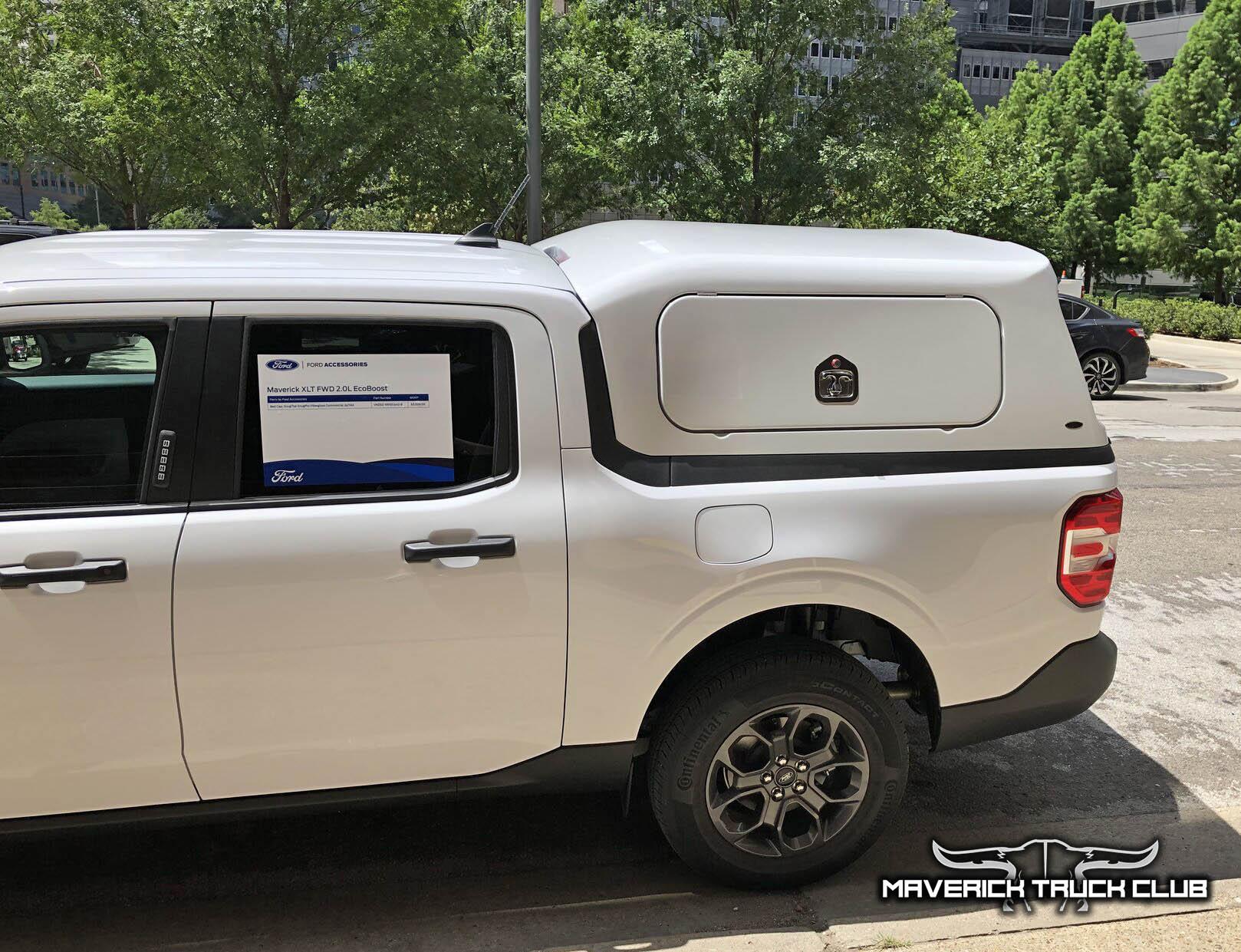 Ford Maverick Pics: Maverick Bed Cap Topper (SnugTop) + seat covers + First Edition Maverick + Molded Splash Guards 2022 Ford Maverick bed cap topper canopy work version oxford white 1