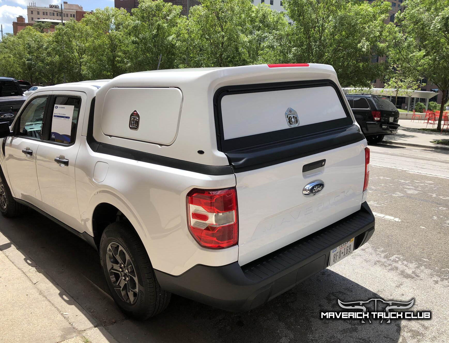 Ford Maverick Pics: Maverick Bed Cap Topper (SnugTop) + seat covers + First Edition Maverick + Molded Splash Guards 2022 Ford Maverick bed cap topper canopy work version oxford white