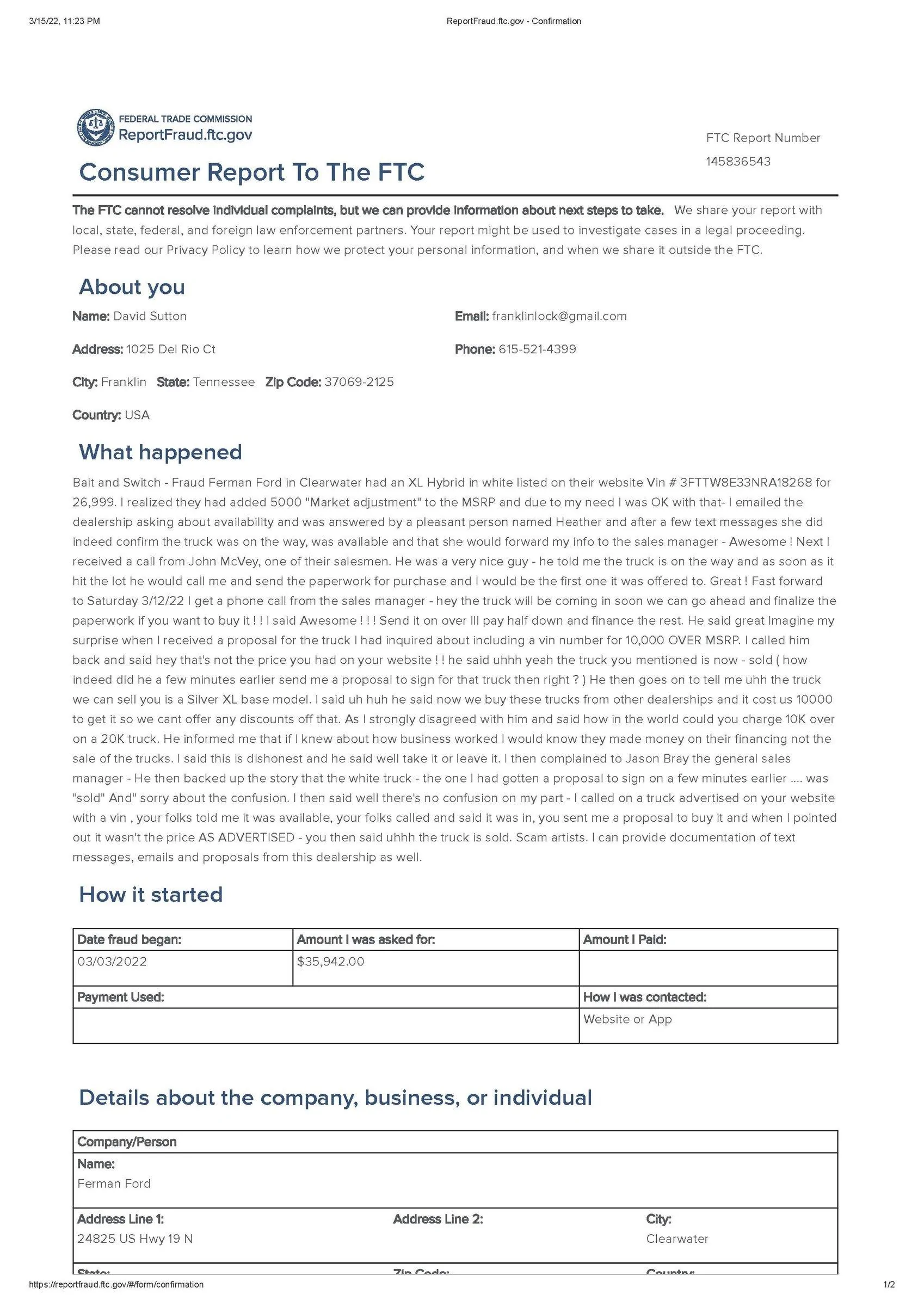 Ford Maverick Ferman Ford Clearwater - Bait and Switch - My Complaint to Ford ReportFraud.ftc.gov - Confirmation_Page_1