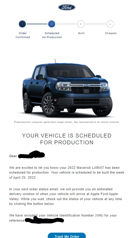 Ford Maverick 📬  3/17 Scheduling Email Received Group [EMAILS NOW ARRIVING!] Maverick Scheduled for Production Email_220317