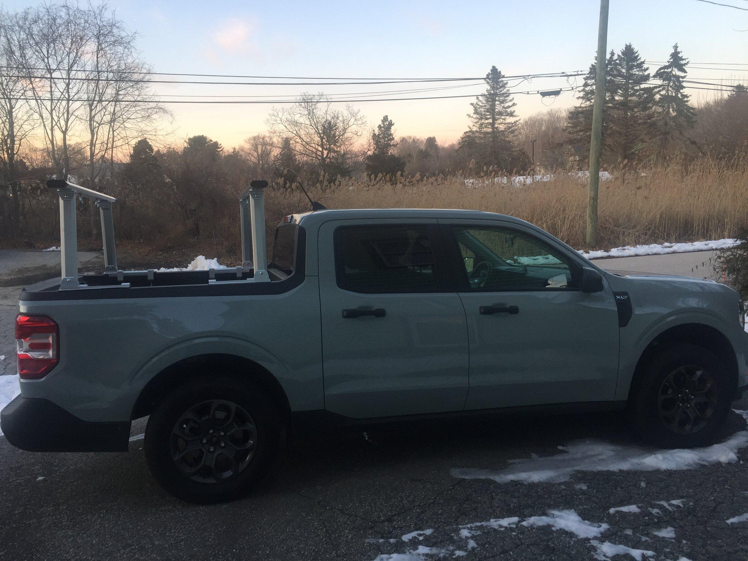 Ford Maverick Installed - Harbor Freight Universal Aluminum Truck Rack Chopped.JPG