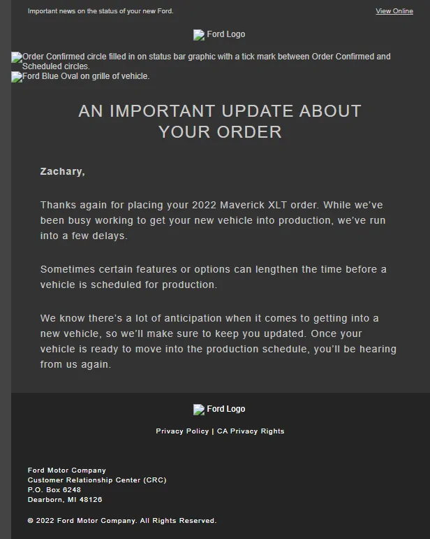Ford Maverick Ford sends out (blanket spam) email -- "An Important Update About Your Order" 1647652271964