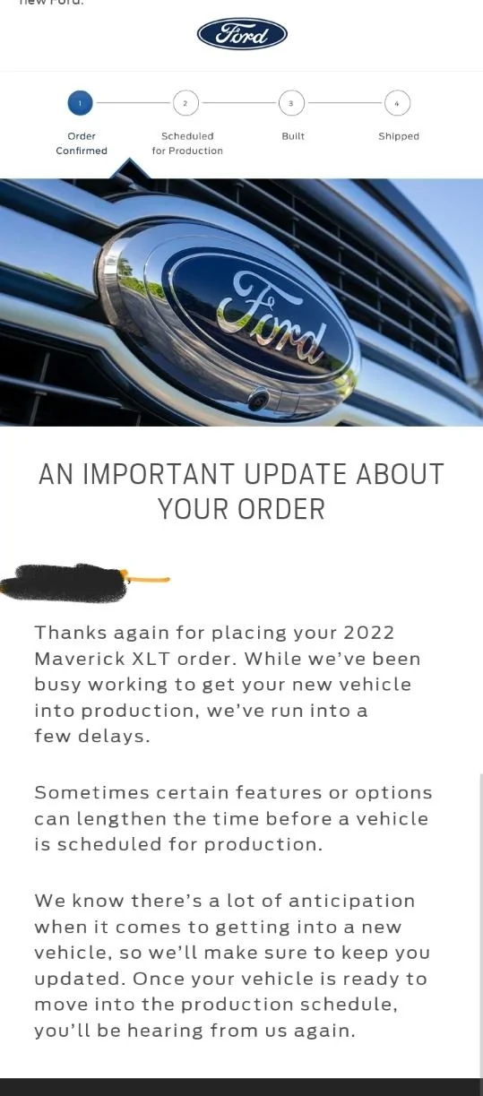 Ford Maverick Ford sends out (blanket spam) email -- "An Important Update About Your Order" Screenshot_20220318-203657_Chrom