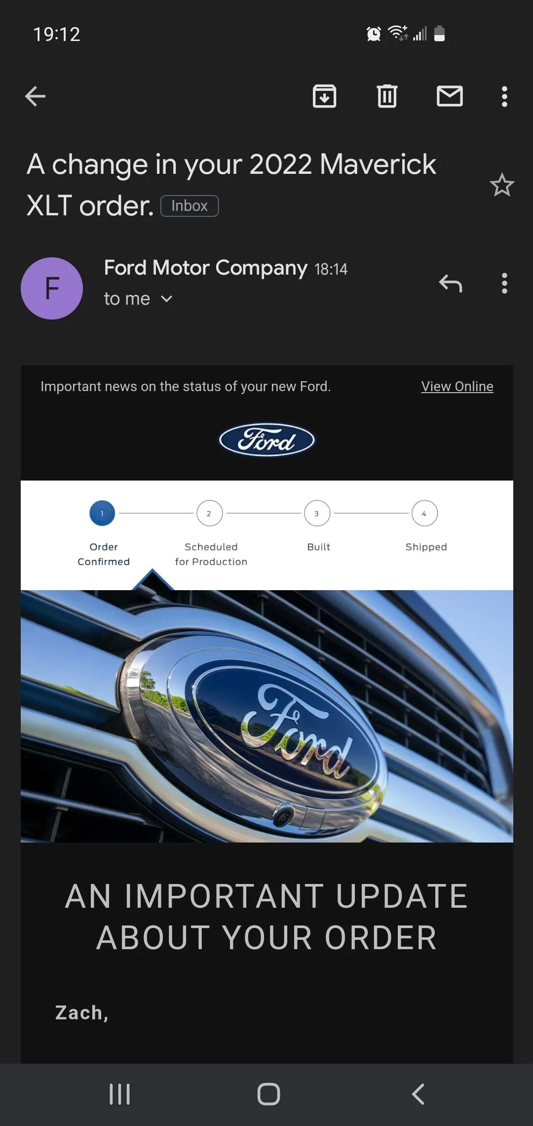 Ford Maverick Ford sends out (blanket spam) email -- "An Important Update About Your Order" Screenshot_20220318-191214_Gmail