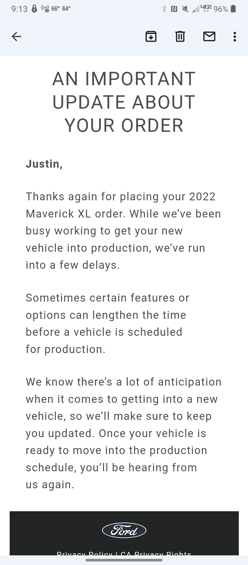 Ford Maverick Ford sends out (blanket spam) email -- "An Important Update About Your Order" Screenshot_20220318-211343