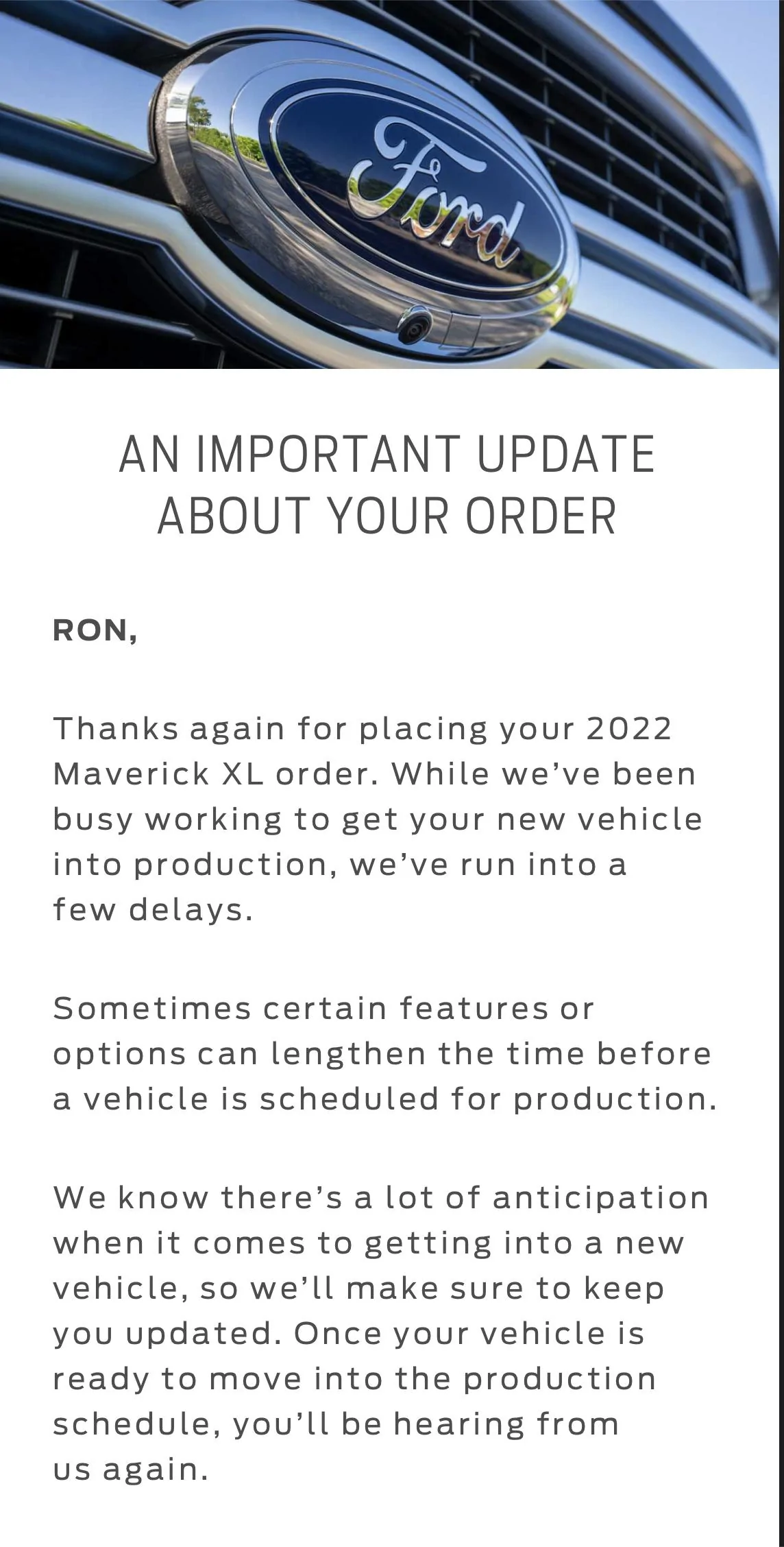 Ford Maverick Ford sends out (blanket spam) email -- "An Important Update About Your Order" 52547F99-1975-4291-BB02-7848174339B9