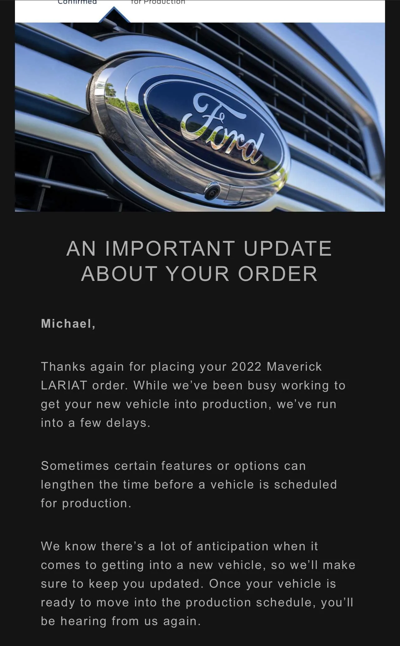 Ford Maverick Ford sends out (blanket spam) email -- "An Important Update About Your Order" A28D6886-6DD2-4C4E-AD34-877E462B93C6