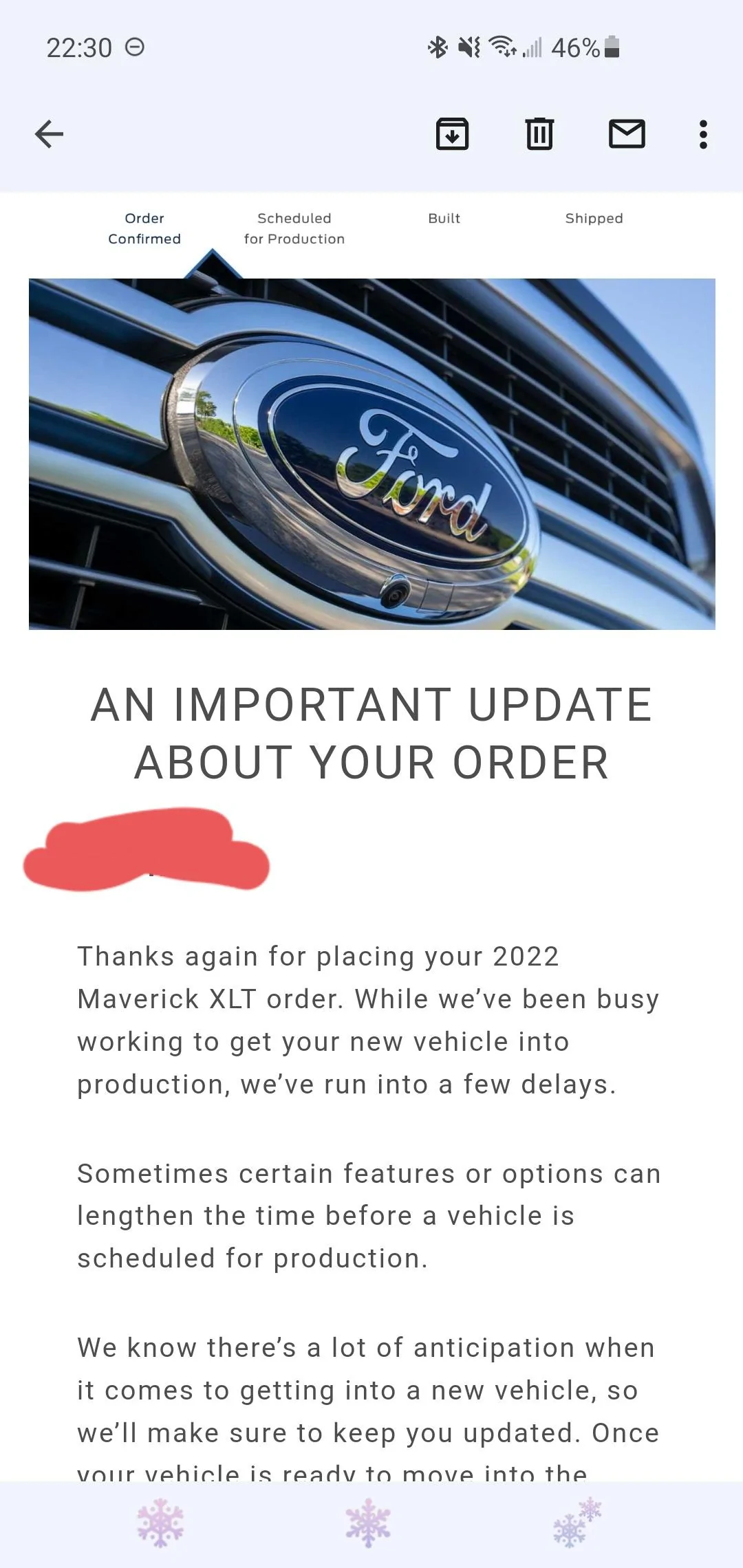 Ford Maverick Ford sends out (blanket spam) email -- "An Important Update About Your Order" Screenshot_20220318-223058_Gmail