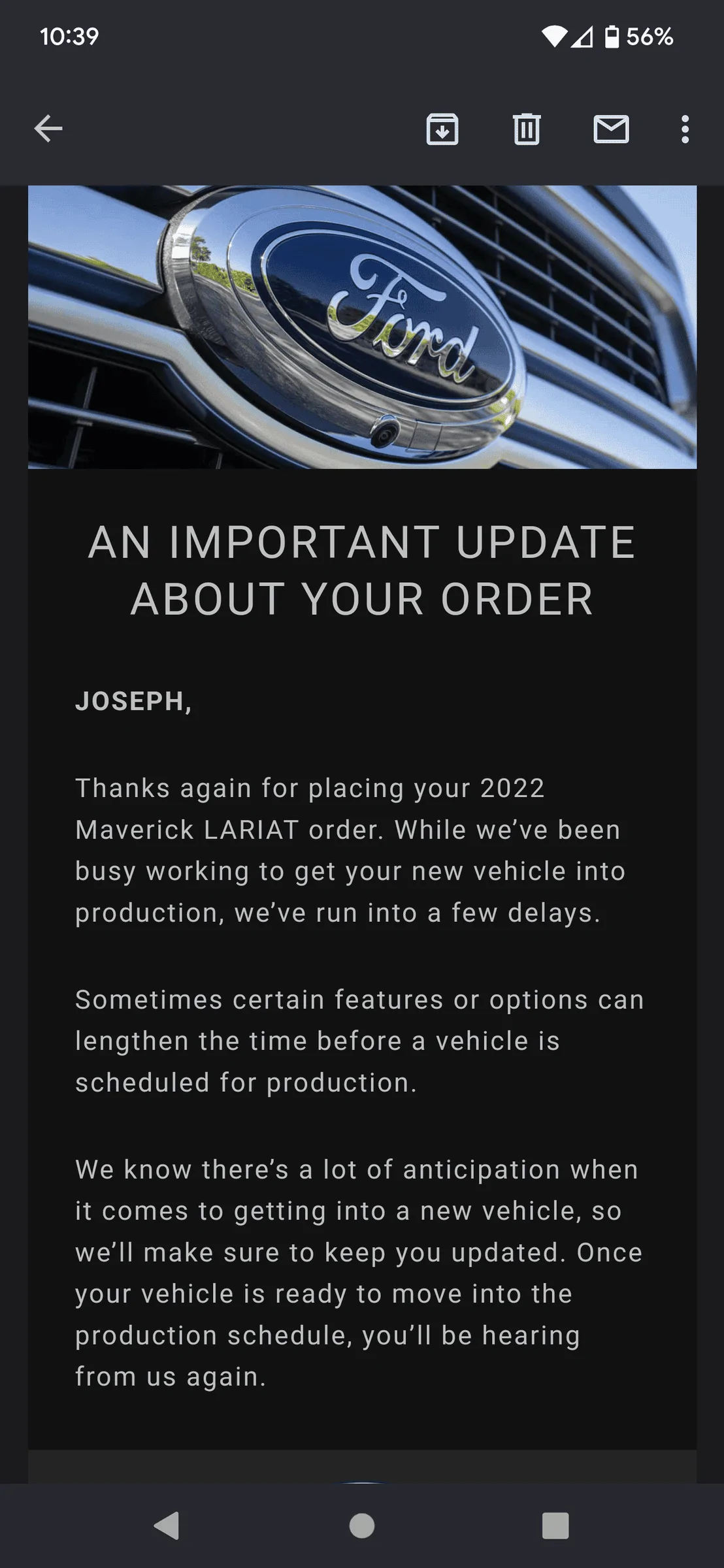 Ford Maverick Ford sends out (blanket spam) email -- "An Important Update About Your Order" Screenshot_20220318-223935