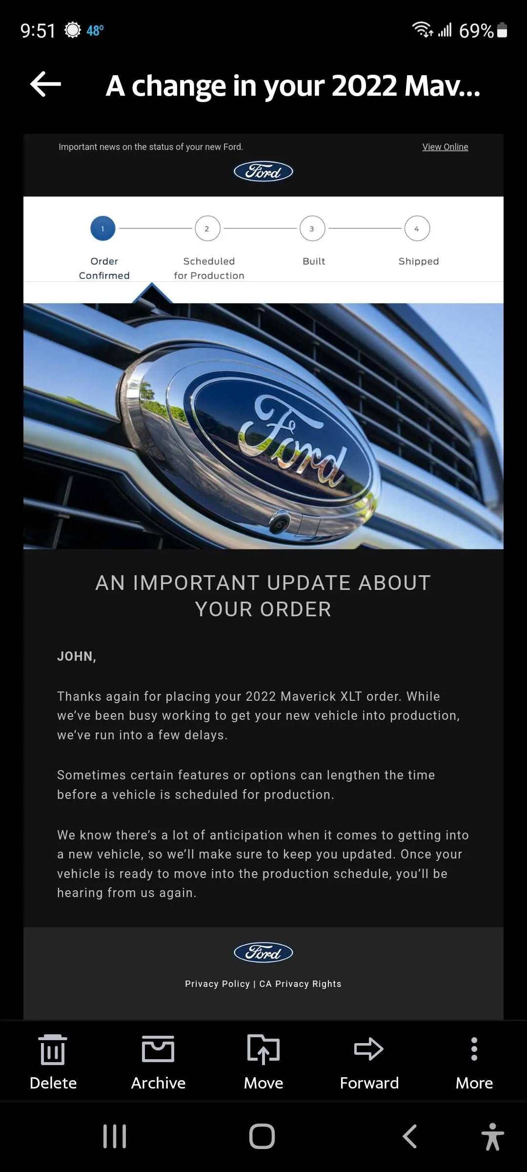 Ford Maverick Ford sends out (blanket spam) email -- "An Important Update About Your Order" Screenshot_20220318-215141_Yahoo Mail