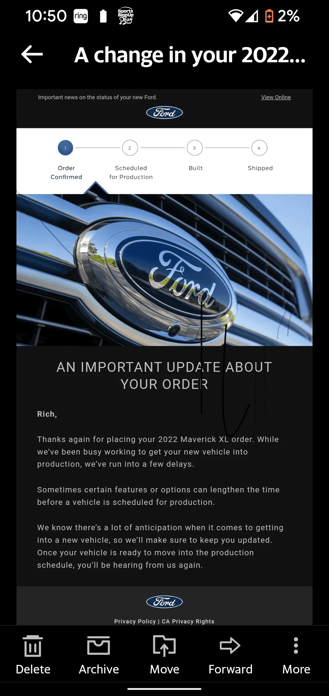 Ford Maverick Ford sends out (blanket spam) email -- "An Important Update About Your Order" Screenshot_20220318-225039