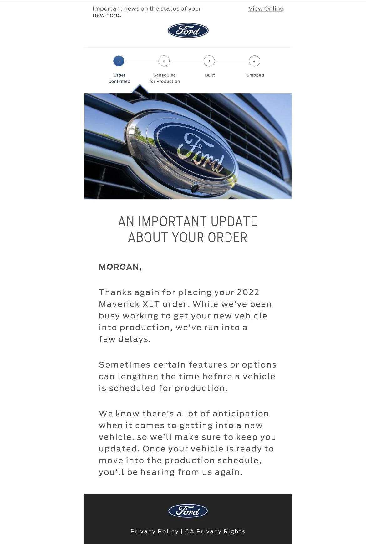 Ford Maverick Ford sends out (blanket spam) email -- "An Important Update About Your Order" 4D4AC78A-6223-4ED5-BD02-F78CC1A82809