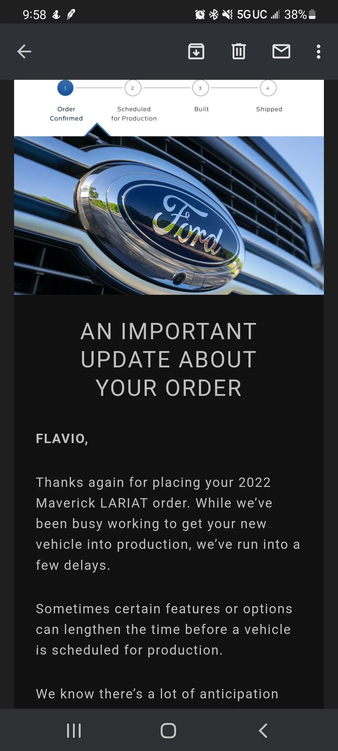 Ford Maverick Ford sends out (blanket spam) email -- "An Important Update About Your Order" Screenshot_20220318-215822_Gmail