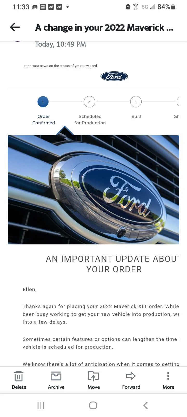 Ford Maverick Ford sends out (blanket spam) email -- "An Important Update About Your Order" Screenshot_20220318-233340_Yahoo Mail