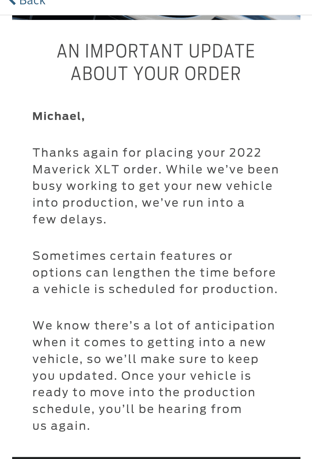 Ford Maverick Ford sends out (blanket spam) email -- "An Important Update About Your Order" Screenshot_20220318-234434