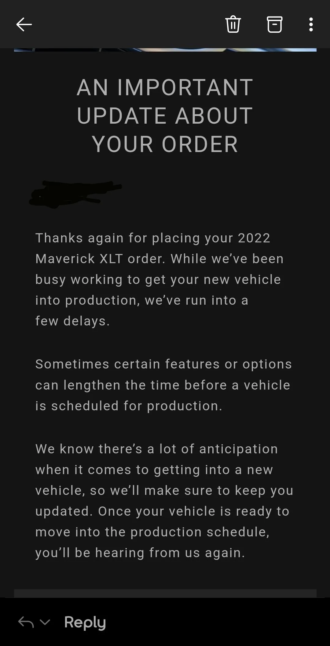 Ford Maverick Ford sends out (blanket spam) email -- "An Important Update About Your Order" Screenshot_20220318-233711_Outlook