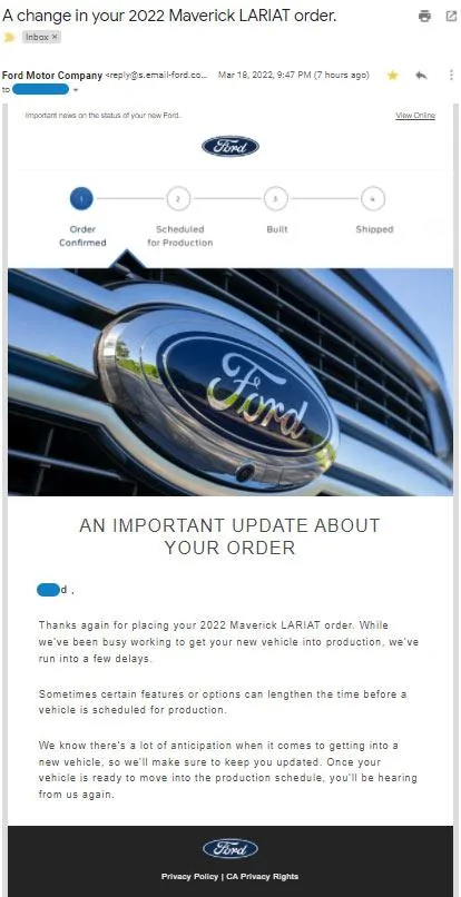 Ford Maverick Ford sends out (blanket spam) email -- "An Important Update About Your Order" ford_email