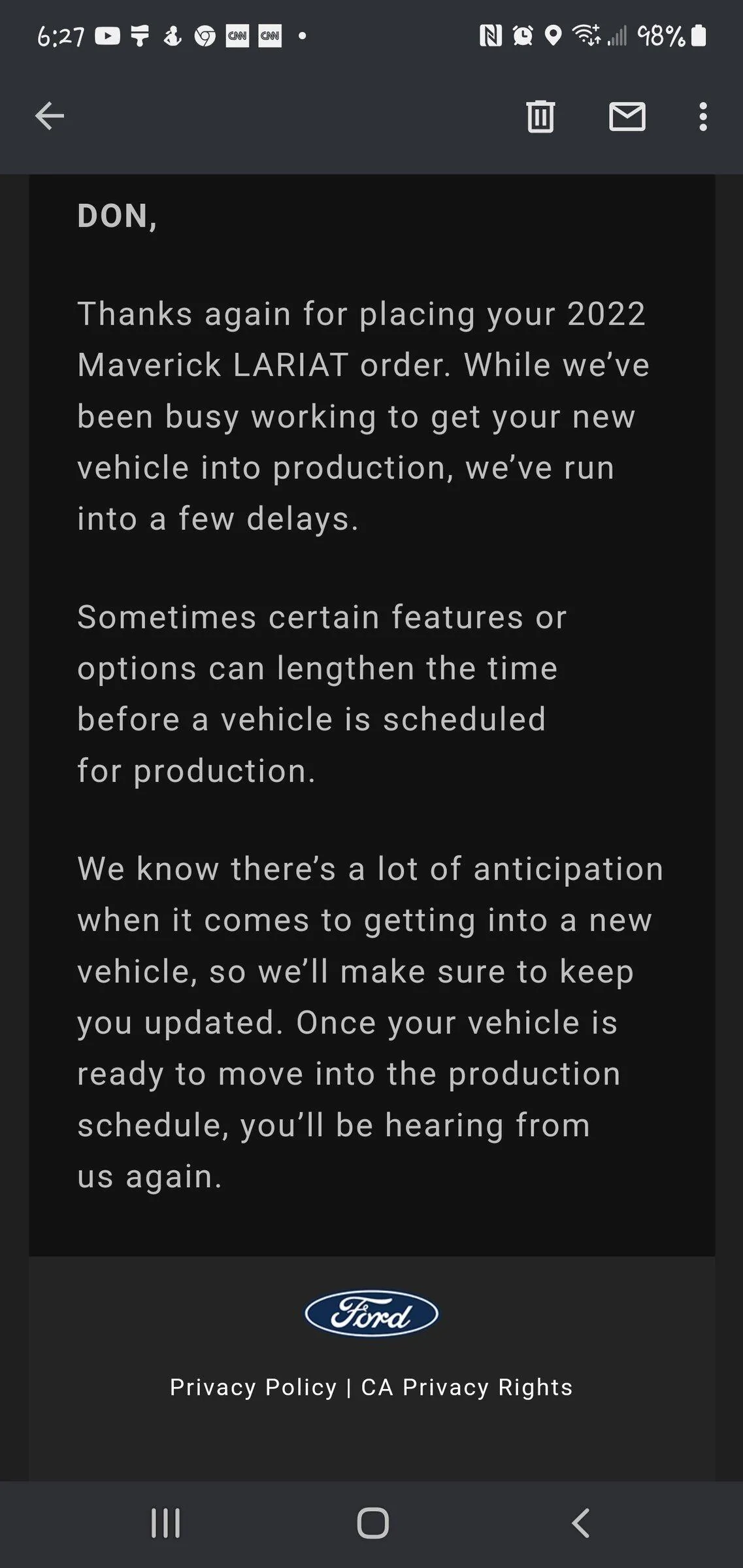Ford Maverick ⏱ Maverick Scheduling Next Week (3/21) For Production Build Weeks 5/2 and 5/9 Screenshot_20220319-062704_Gmail