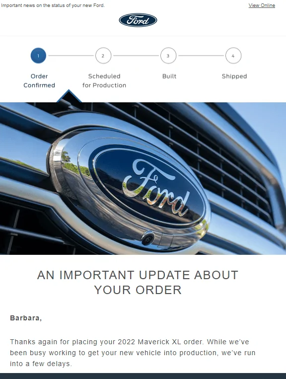 Ford Maverick Ford sends out (blanket spam) email -- "An Important Update About Your Order" 1647686692904
