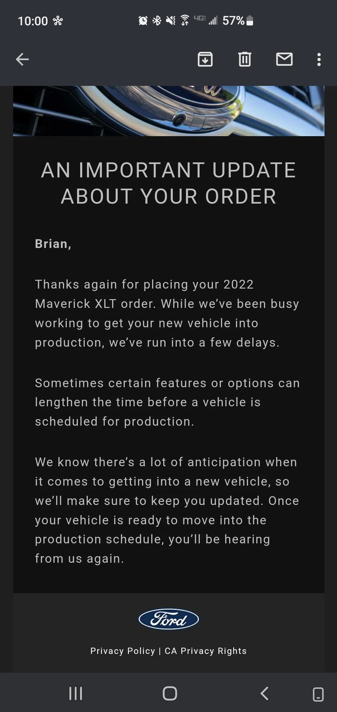 Ford Maverick Ford sends out (blanket spam) email -- "An Important Update About Your Order" Screenshot_20220318-220026_Gmail