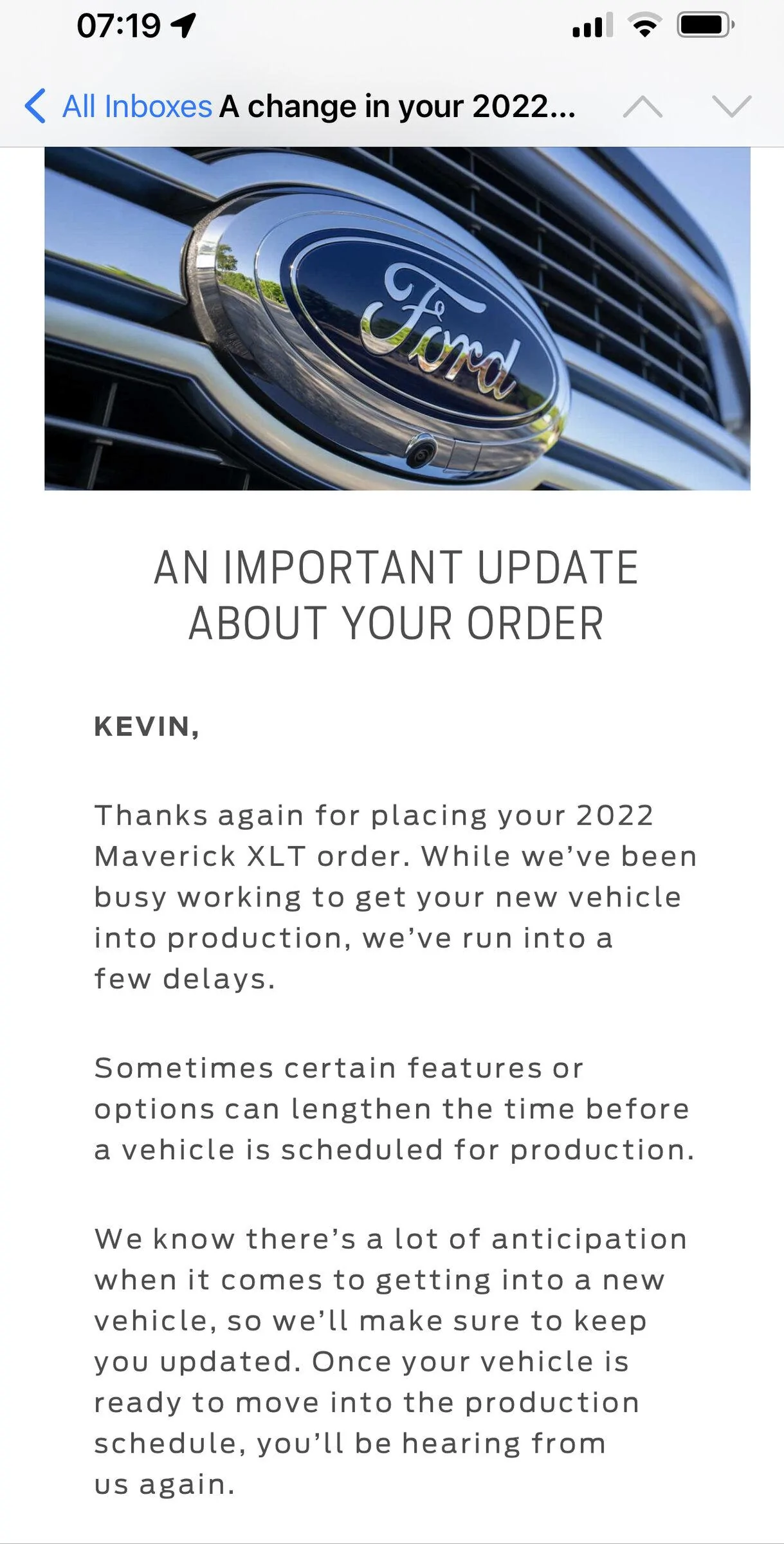 Ford Maverick Ford sends out (blanket spam) email -- "An Important Update About Your Order" 8FE8DEA2-FCDE-42C5-8760-79A0EC7B6D00