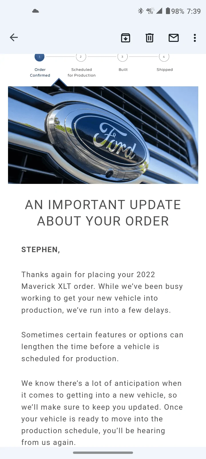 Ford Maverick Ford sends out (blanket spam) email -- "An Important Update About Your Order" Screenshot_20220319-073942