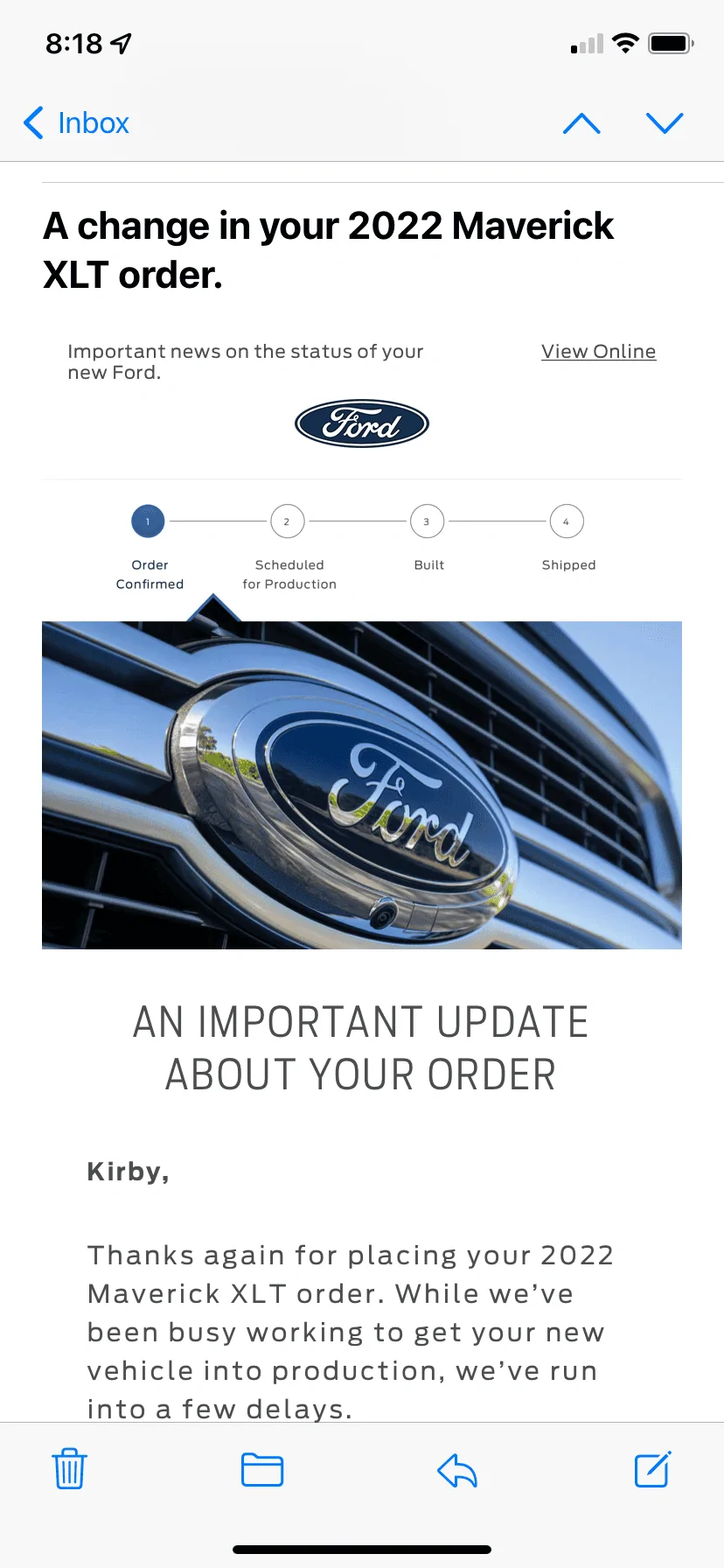 Ford Maverick Ford sends out (blanket spam) email -- "An Important Update About Your Order" 164AB344-9BEC-40F6-933A-267D8DBC1165